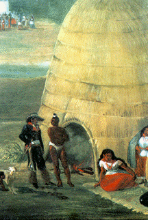 a painting of a Tongva reed hut